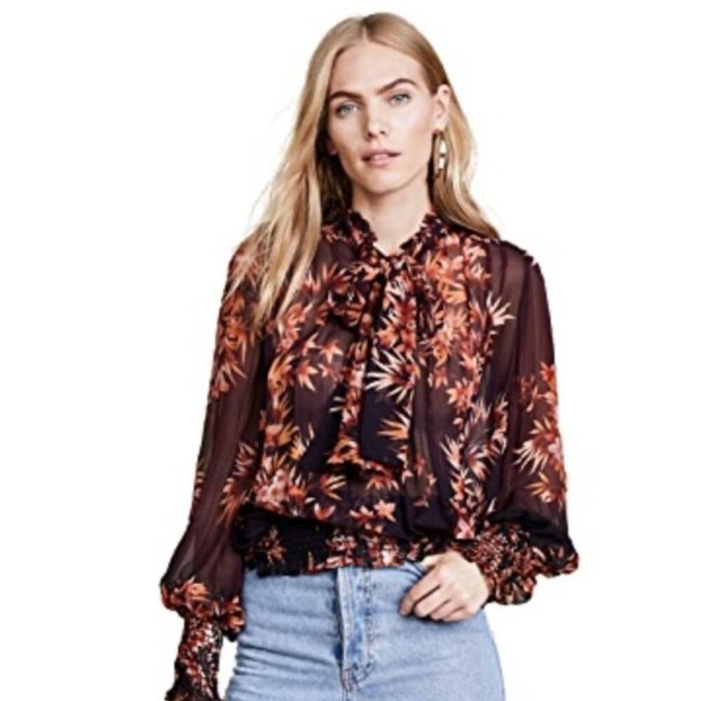 🍁 Warm New York Floral Semi Sheer Neck Tie Blouse Burgundy Long Sleeve Elastic